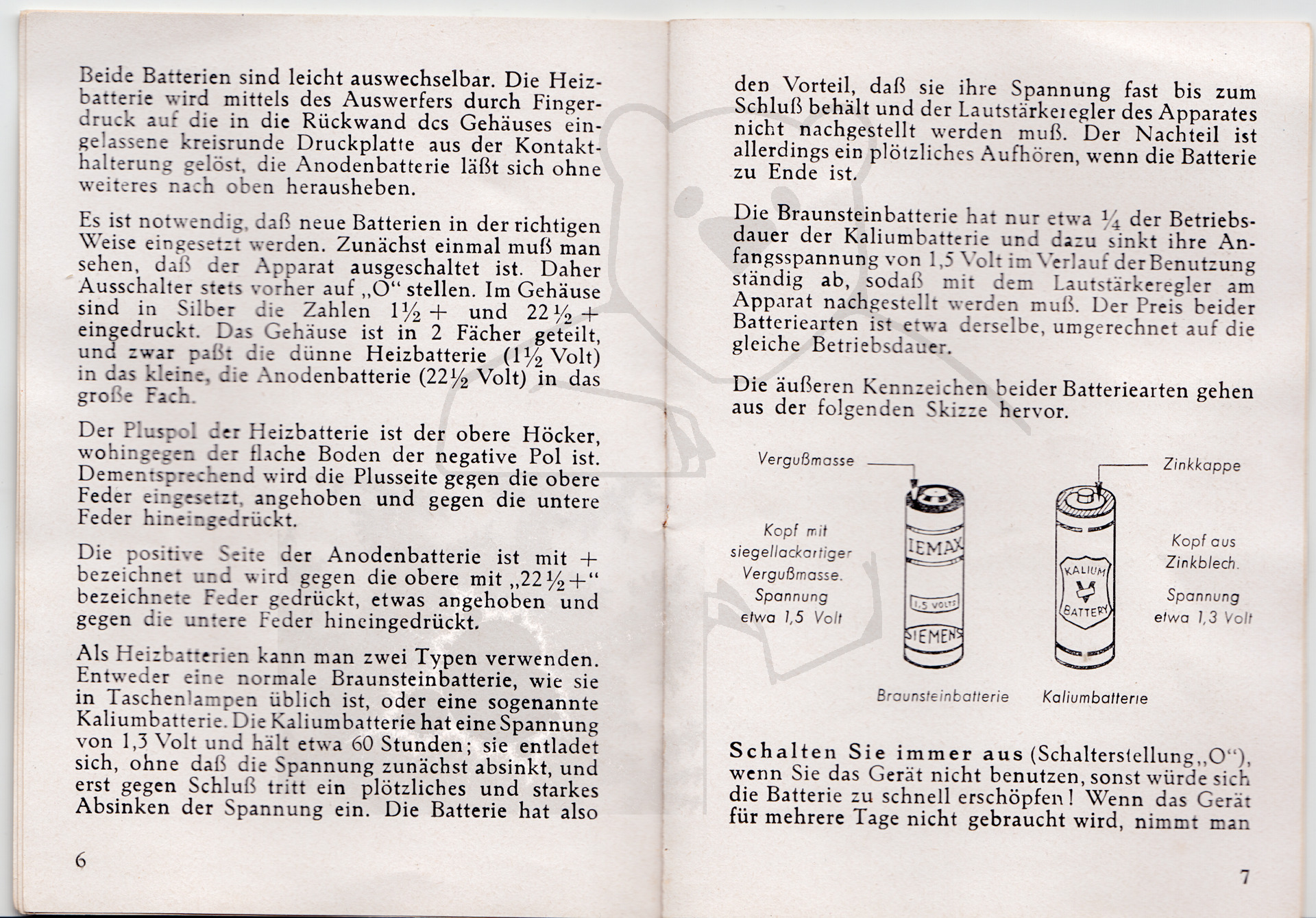 Hörgerät "Fortiphone Type 20", ca. 1949, Anleitung Seite 6 - 7